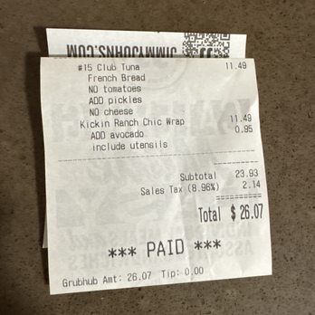 Jimmy John's - Paper receipt from pick up showing zero tip - Sandwiches Near Me - Louisville, Colorado Jimmy John's - Paper receipt from pick up showing zero tip - Sandwiches Near Me - Louisville, Colorado