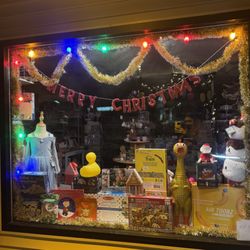 Holiday toy store window in Yarmouth, Maine