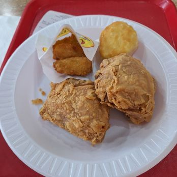 Chicken Express - Two thighs, poppers, and a biscuit. - Chicken Wings Near Me - Lubbock, Texas