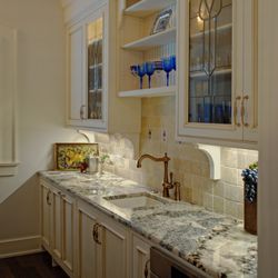 Olde World Cabinetry Plumbing & Hardware - Traditional-style Butler Pantry with leaded glass cabinet doors