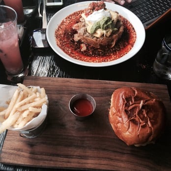 Anepalco - French Truffle Burger, red chilaquiles with carnita's and watermelon with jicama drinks.   Everything was amazing!!! - Mexican Near Me - Orange, California