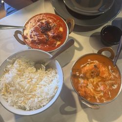 OM Indian Grill - Rogan Josh Curry, Rice and Medium Chicken Tikki Masala