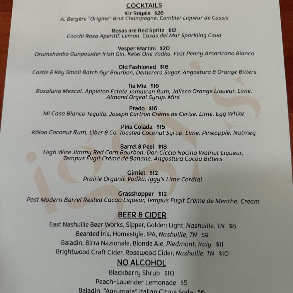 Iggys - beverage menu - Italian Near Me - Nashville, Tennessee