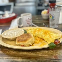 Busy Bee Cafe - Garden Omelet, add bacon with gravy and a biscuit