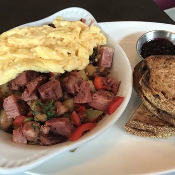 Beach Plum Kitchen - My Corned Beef Hash with scrambled eggs, multigrain rye toast, and blackberry mint jam. - New American Near Me - Carlsbad, California