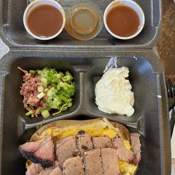 Cousin's BBQ - Sliced Brisket in baked potato! Delicious - Barbeque Near Me - Dallas, Texas Cousin's BBQ - Sliced Brisket in baked potato! Delicious - Barbeque Near Me - Dallas, Texas