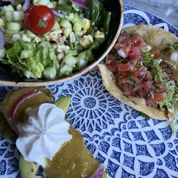 Caló Kitchen + Tequila - Enchiladas in green sauce & a salad as a side - Cocktail Bars Near Me - Costa Mesa, California Caló Kitchen + Tequila - Enchiladas in green sauce & a salad as a side - Cocktail Bars Near Me - Costa Mesa, California