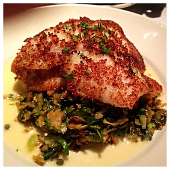 Piatti Danville - Parmesan crusted petrole sole on a bed of chopped brussels sprouts - Italian Near Me - Danville, California Piatti Danville - Parmesan crusted petrole sole on a bed of chopped brussels sprouts - Italian Near Me - Danville, California