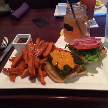Rik's Cafe - Blackened chicken sandwich with sweet potato fries and a strawberry John Daly! - Cafes Near Me - Hagerstown, Maryland Rik's Cafe - Blackened chicken sandwich with sweet potato fries and a strawberry John Daly! - Cafes Near Me - Hagerstown, Maryland