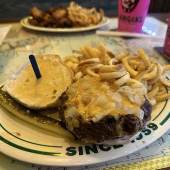 Flanigan's - Hollywood - Cheese burger with grilled onions and fries - Seafood Near Me - Hollywood, Florida
