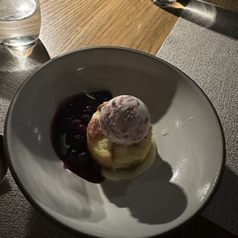 The Oak - Old-fashioned donut bread pudding with marionberry ice cream and a lemon-blueberry compote. - American Near Me - Ojai, California The Oak - Old-fashioned donut bread pudding with marionberry ice cream and a lemon-blueberry compote. - American Near Me - Ojai, California