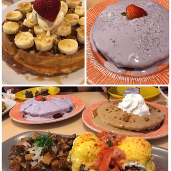 My Cafe - Special of the day Banana macadamia waffle, chocolate pancakes with taro, cookie butter lover pancakes, and drum roll- kahlua pork benedict - Breakfast & Brunch Near Me - Kapolei, Hawaii