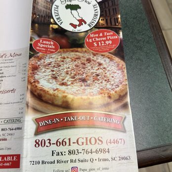 Papa Gios - Menu front - Pizza Near Me - Irmo, South Carolina Papa Gios - Menu front - Pizza Near Me - Irmo, South Carolina