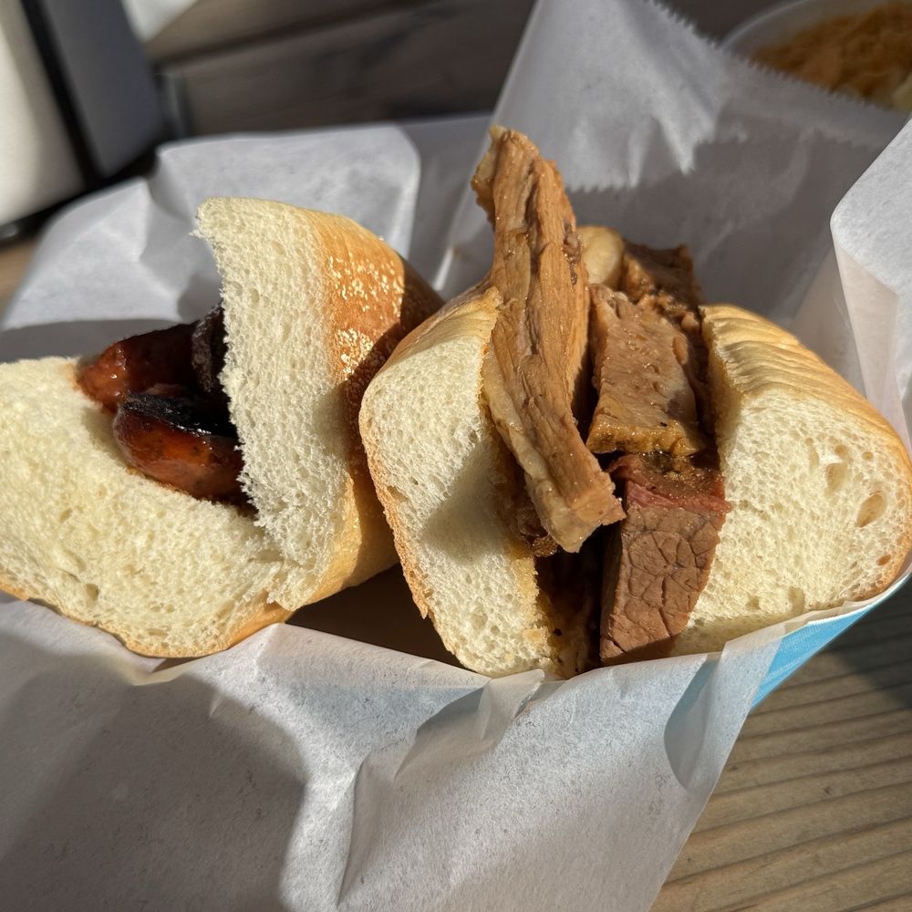 Bull's Smokin BBQ - Bull's Duo (Two Half Sandwiches) Andouille Sausage and Smoked Beef Brisket sandwich - Barbeque Near Me - San Diego, California Bull's Smokin BBQ - Bull's Duo (Two Half Sandwiches) Andouille Sausage and Smoked Beef Brisket sandwich - Barbeque Near Me - San Diego, California