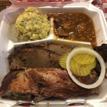 Flossie's BBQ - 2 meat plate with ribs and brisket, potato salad and beans - Barbeque Near Me - Houston, Texas Flossie's BBQ - 2 meat plate with ribs and brisket, potato salad and beans - Barbeque Near Me - Houston, Texas