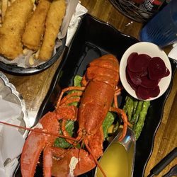Cape May Fish Market - Fish and chips and steamed lobster with side of steamed beets and fresh sautéed asparagus