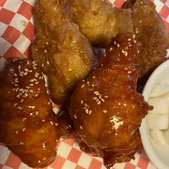 Okja K-Pub & Restaurant - KFC soy ones were meh. Red sauce was perfect. $2.16 per wing. - Korean Near Me - Cary, North Carolina