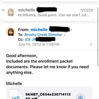 Children's Lighthouse of Cedar Park - Brushy Creek - Proof of enrollment - An email thread shows Michelle sending enrollment PDFs to the Brushy Creek Director, with a loading message from the director. - Preschools Near Me - Cedar Park, Texas