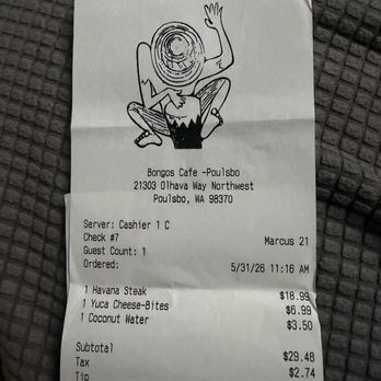 Bongos - Receipt of the food and it was so good and trainable. We shared the steak plate because it was a large portion! - Caribbean Near Me - Poulsbo, Washington Bongos - Receipt of the food and it was so good and trainable. We shared the steak plate because it was a large portion! - Caribbean Near Me - Poulsbo, Washington