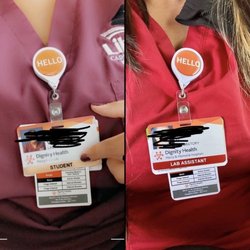 Liberty Career College - Liberty Career scrubs and externship student badge vs Hospital scrubs and official badge