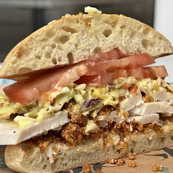 Mendocino Farms - The "Not So Fried" Chicken sandwich. I like the slaw and crispy bits. - Salad Near Me - Seattle, Washington Mendocino Farms - The "Not So Fried" Chicken sandwich. I like the slaw and crispy bits. - Salad Near Me - Seattle, Washington