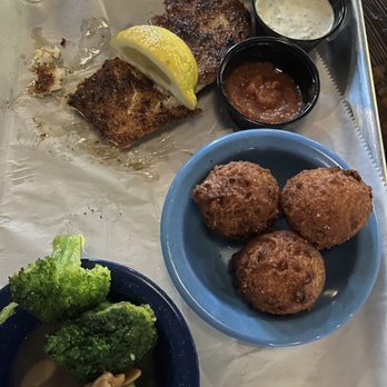 1937 Spirits & Eatery - Grilled grouper with hush puppies and broccoli - Cocktail Bars Near Me - Jacksonville, Florida 1937 Spirits & Eatery - Grilled grouper with hush puppies and broccoli - Cocktail Bars Near Me - Jacksonville, Florida
