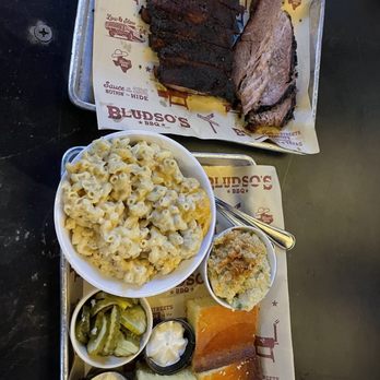 Bludso's BBQ - Mac & Cheese - Pint, Potato Salad - Half Pint, Pickles, 3 honey cornbreads, ribs, and brisket - Barbeque Near Me - Los Angeles, California Bludso's BBQ - Mac & Cheese - Pint, Potato Salad - Half Pint, Pickles, 3 honey cornbreads, ribs, and brisket - Barbeque Near Me - Los Angeles, California