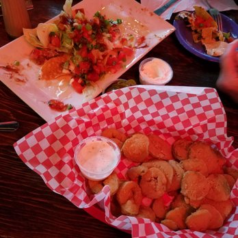 Barbecue And Bourbon - Pulled pork nachos and fried pickles after we started digging in - Barbeque Near Me - Speedway, Indiana