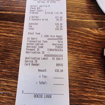 Pizzaiolo's - My receipt, 1pm - Pizza Near Me - Spring, Texas