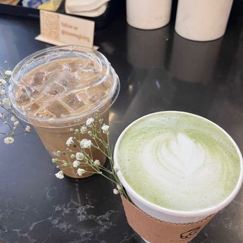 Bloomsgiving - Hojicha latte with an espresso shot, hot matcha latte - Florists Near Me - Mountain View, California
