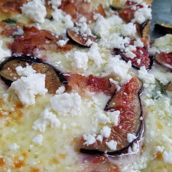 Kaos Pizzeria - close up.  can u see the figs, goat cheese and find blend of mozzarella and provolone - Pizza Near Me - Denver, Colorado