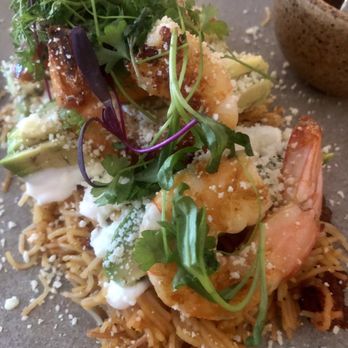 Origen - Fideo Seco con camarones y chorizo. (Fideo Seco Pasta, wild-caught shrimp, Mexican chorizo, avocado, sour cream, red salsa, queso fresco). - New Mexican Cuisine Near Me - San Diego, California Origen - Fideo Seco con camarones y chorizo. (Fideo Seco Pasta, wild-caught shrimp, Mexican chorizo, avocado, sour cream, red salsa, queso fresco). - New Mexican Cuisine Near Me - San Diego, California