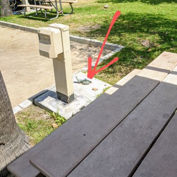 Golden Shore RV Resort  - Our picnic table located right next to our neighbor's poop chute. - Campgrounds Near Me - Long Beach, California