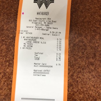 Whataburger - a receipt for a restaurant - Fast Food Near Me - Ridgeland, Mississippi Whataburger - a receipt for a restaurant - Fast Food Near Me - Ridgeland, Mississippi