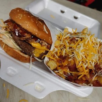 Hooked on Food - Boss Hog Burger with 1/2 order of Boss Hog fries - Food Trucks Near Me - Salem, Oregon Hooked on Food - Boss Hog Burger with 1/2 order of Boss Hog fries - Food Trucks Near Me - Salem, Oregon
