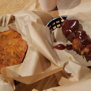 Jibarito's on Harlem - Bacalaito (salt cod pancake-fritter, $1.25) and pincho (bbq chicken skewer, $2.25). Delicioso! - Puerto Rican Near Me - Chicago, Illinois