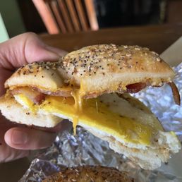 Breakfast bagel with bacon and egg. Tasted microwaved.