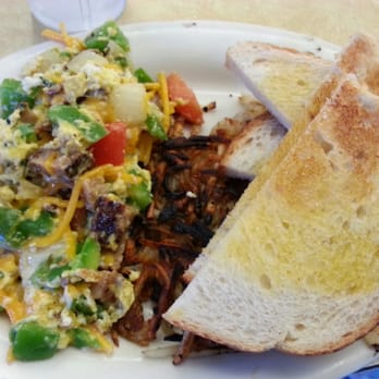 Nick's Cafe - Scrambled Sausage Border Style, with hash browns and sourdough toast. - Diners Near Me - Los Angeles, California