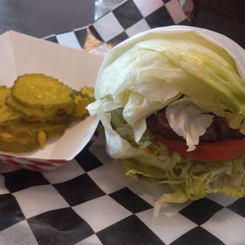 Copperlocks Grill - Low carb burger no thousand island dressing substituted with mustard with an extra side of pickles - Fast Food Near Me - Corona, California