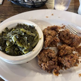 Dinner Bell Restaurant - Chicken livers and greens, (mash potato with white gravy did  not make it in the picture) - New American Near Me - Berea, Kentucky