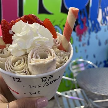 Roll It Up Ice Cream - Berry Blast Rolled Ice Cream + strawberries, whip cream and strawberry wafer cookie - Ice Cream & Frozen Yogurt Near Me - Atlanta, Georgia Roll It Up Ice Cream - Berry Blast Rolled Ice Cream + strawberries, whip cream and strawberry wafer cookie - Ice Cream & Frozen Yogurt Near Me - Atlanta, Georgia