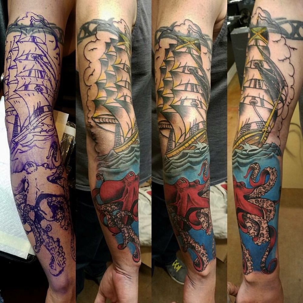 Amazing traditional style octopus and ship piece done by Hollis. Amazing traditional style octopus and ship piece done by Hollis.