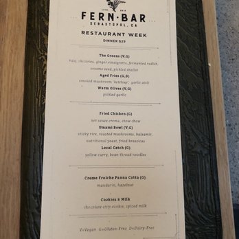 Fern Bar - Restaurant Week 2020 Menu - Bars Near Me - Sebastopol, California