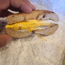 Sausage, egg and cheese on toasted Cinnamon raisin