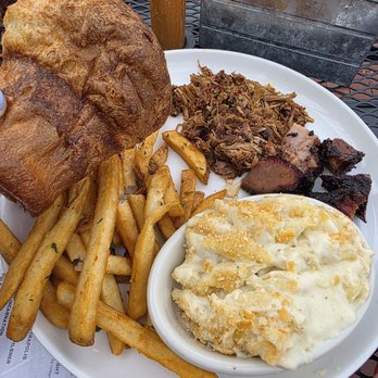 Salt + Smoke - Bestie combo of pulled pork and burnt ends with beef fat fries, white cheddar mac and the pop over - Barbeque Near Me - Saint Charles, Missouri