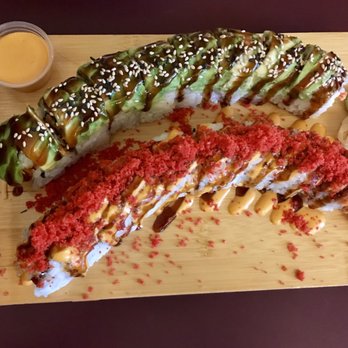 Sushi Hi - Top is the Sushi Hi Roll with spicy mayo on the side and the bottom is the Firecracker Roll - Sushi Bars Near Me - Austin, Texas Sushi Hi - Top is the Sushi Hi Roll with spicy mayo on the side and the bottom is the Firecracker Roll - Sushi Bars Near Me - Austin, Texas