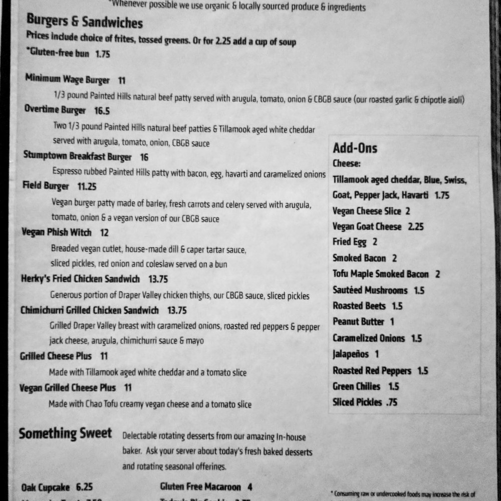 Oak - menu on 8/9/2017 - so awesome to see all the vegan options! - Burgers Near Me - Seattle, Washington