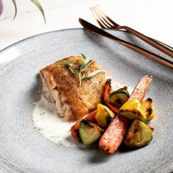 Chef Jenn Cooks - Simple, elegant, and local. Charred summer vegetables from Chino Farm paired with local Golden Spotbass with a Tragagon veloute.
