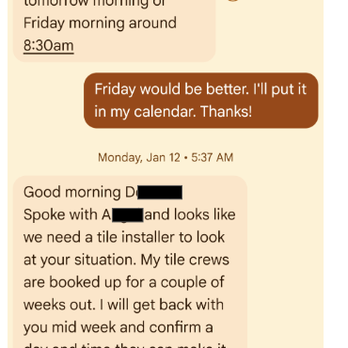 Bay Area Floors - Text messages showing Bay Area Floors sent out someone who did not work with porcelain tile to evaluate a paid repair of their own work. - Flooring Near Me - Soquel, California