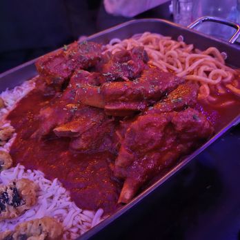 Dangol - Pork Baby Back Ribs in Sweet Spicy Sauce Served With Udon and Mozzarella/Maeun Dwaeji Galbijjim/돼지등갈비 철판. $45. Solid large plate - Korean Near Me - Flushing, New York Dangol - Pork Baby Back Ribs in Sweet Spicy Sauce Served With Udon and Mozzarella/Maeun Dwaeji Galbijjim/돼지등갈비 철판. $45. Solid large plate - Korean Near Me - Flushing, New York